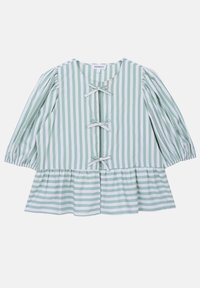 Gestreifte Bluse in Grün und Weiß mit gepufften Ärmeln, rundem Ausschnitt und drei vorderen Schleifenverschlüssen. Mischgewebe aus Baumwolle, mit peplum Schnitt.