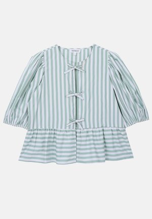 Vihreä- ja valkoraidallinen pusero, jossa on puffisolut, pyöreä pääntie ja kolme etutikkua. Puuvillasekoitetta, peplum-leikkaus.