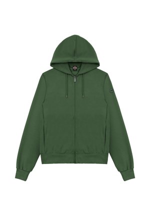 Groene hoodie met volledige rits, verstelbare capuchon met trekkoord, lange mouwen met geribbelde manchetten en een ronde logopatch op de linker bovenarm.