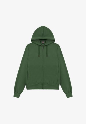 Felpa con cappuccio verde con cerniera a tutta lunghezza, cappuccio con coulisse, maniche lunghe con polsini a costine e una toppa con logo rotondo sul braccio sinistro superiore.