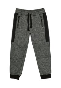 Gray sweatpants with a flecked texture, featuring black side panels, two zippered pockets, an elastic waistband, and ribbed cuffs.