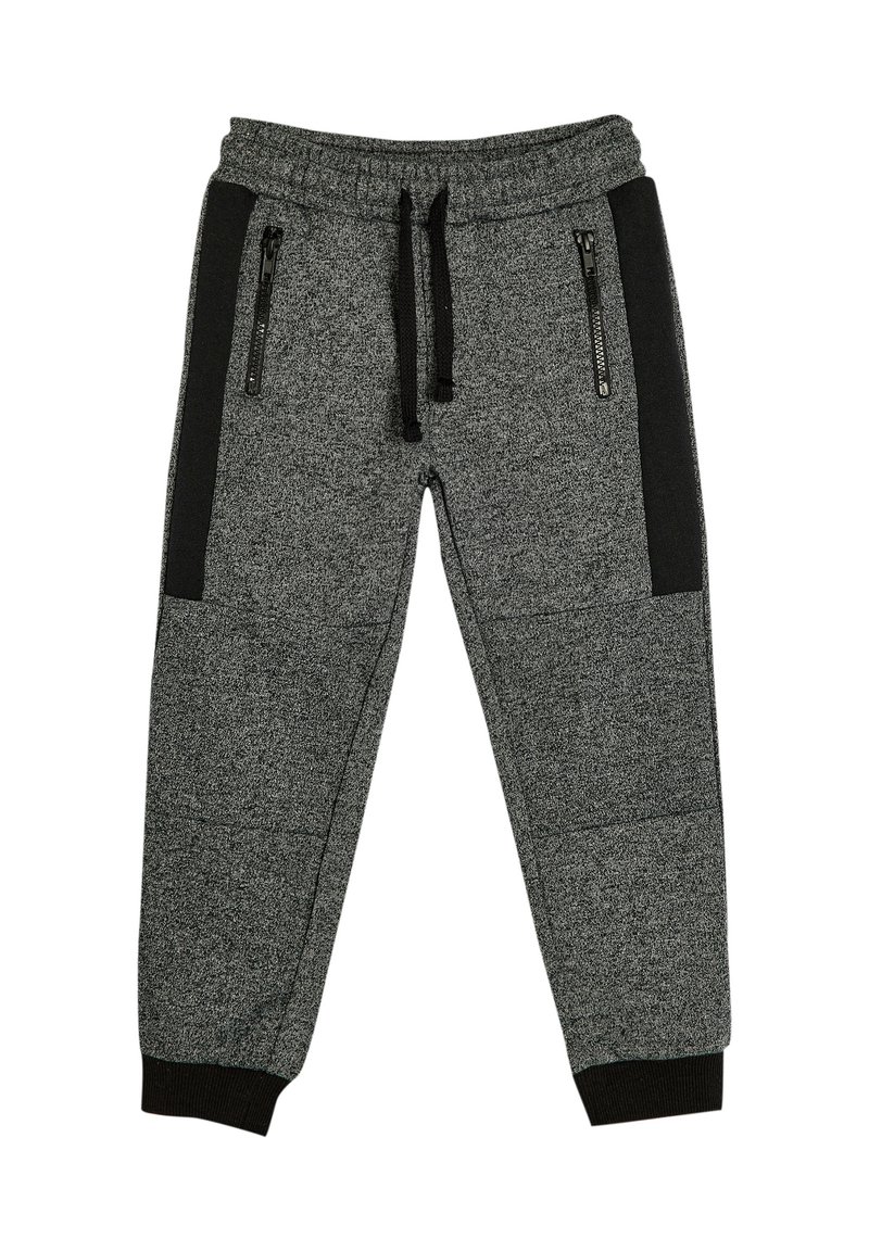Gray sweatpants with a flecked texture, featuring black side panels, two zippered pockets, an elastic waistband, and ribbed cuffs.