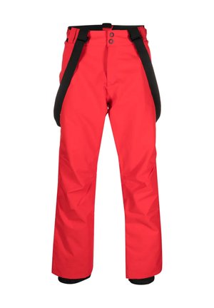 Red waterproof ski pants with adjustable black straps, two front buttons, and elastic cuffs at the ankles for a secure fit.