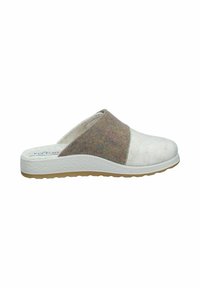 Offene Slip-On-Schuhe mit weißem Grund, Obermaterial aus filz in hellgrau und mehrfarbigen Brauntönen, strukturiertem Profil und weicher Innenausstattung.