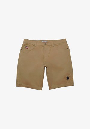 Kaki-Shorts mit Fronttaschen, einem kleinen US-Flaggen-Patch auf der linken Tasche und einem schwarzen Polo-Spieler-Logo am rechten Bein.