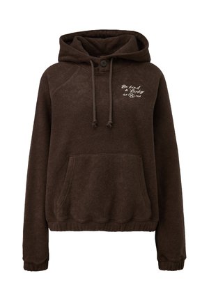 Dunkelbrauner Fleece-Hoodie mit Fronttasche, Kordelzügen, Knopf am Hals und weißem Text "Sei freundlich und glücklich, est 1994" auf der Brust.