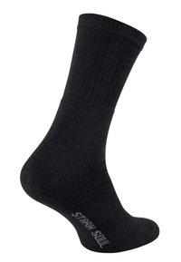 Chaussette en coton noire avec texture côtelée, talon et orteils renforcés, et marquage imprimé sur le côté.