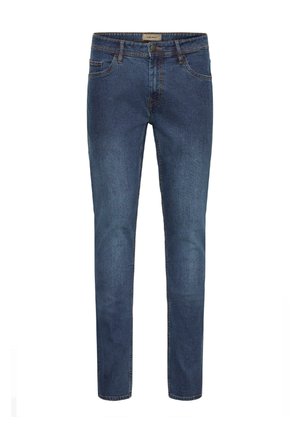 Sötétkék farmernadrág slim fit szabással, öt zsebbel, normál derékrészsel és sárga varrási r�észletekkel. Simaság, klasszikus dizájn.
