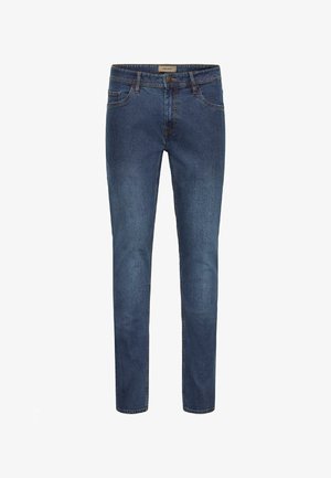 Tummansiniset farkut, joissa on slim fit -leikkaus, viisi taskua, tavallinen vyötärö ja keltaiset ompeludetallit. Sileä pinta, klassinen muotoilu.