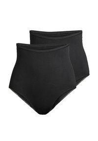 Hochgeschnittene schwarze Panties, aus glattem, dehnbarem Stoff. Mit einem breiten Bund und nahtlosen Kanten für hohen Tragekomfort. Zweiteiliges Set.