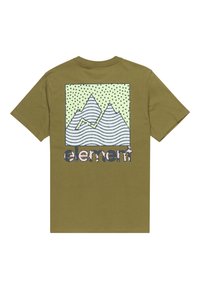 Olivegrünes Baumwoll-T-Shirt mit einem geometrischen Berggrafik in Blau und Grün auf dem Rücken, mit einem gepunkteten Hintergrund und dem Text "Element".