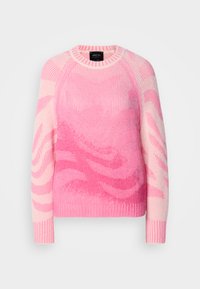 Roze en lichtroze gebreide trui met abstracte golvende patronen, lange mouwen en geribde manchetten, kraag en zoom.