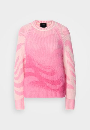 Roze en lichtroze gebreide trui met abstracte golvende patronen, lange mouwen en geribde manchetten, kraag en zoom.
