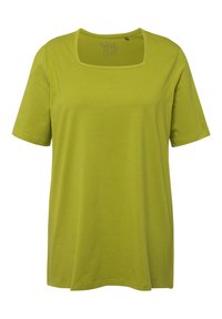 T-shirt verde a collo quadrato a maniche corte, realizzato in cotone morbido, presenta una vestibilità comoda e un design semplice, adatto per un abbigliamento casual.