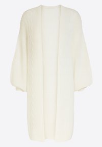 Übergroßer weißer Strickcardigan mit Zopfmuster-Details, offenem Vorderteil und überschnittenen Ärmeln für eine entspannte Passform und Textur.