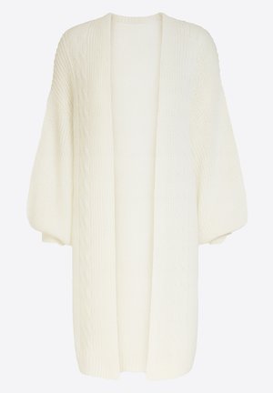 Witte oversized gebreide cardigan met kabelsteekdetails, open voorkant en ingezette mouwen voor een ontspannen pasvorm en textuur.