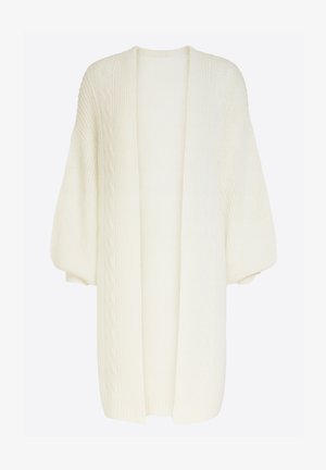 Witte oversized gebreide cardigan met kabelsteekdetails, open voorkant en ingezette mouwen voor een ontspannen pasvorm en textuur.