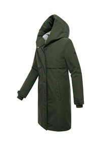Longue parka à capuche de couleur vert olive foncé. Dotée d'une fermeture éclair, de poches latérales et de poignets côtelés avec une doublure intérieure lisse.