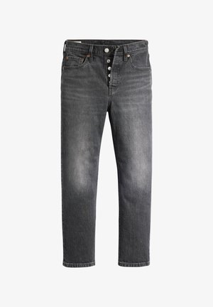 Jean en denim noir avec une coupe droite, cinq poches, fermeture à boutons et légère décoloration ; fabriqué en matériau coton durable.