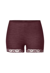 Bordeaux modal korte onderkleding met een geribbelde textuur, voorzien van ingewikkelde kanten rand aan de onderkant voor extra detail.