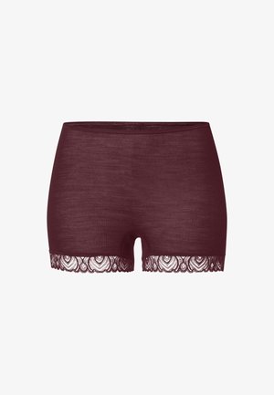 Pantaloni corti in modal bordeaux con texture a coste, dotati di un intricato bordo in pizzo all'orlo per un tocco di eleganza.