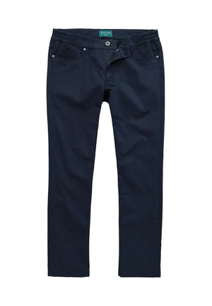 Marineblaue Hosen aus glattem Stoff. Zu den Merkmalen gehören Taschen vorne, ein Knopfverschluss und ein elastischer Bund für zusätzlichen Komfort.