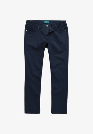 Navy blue pants made of smooth fabric. Features include front pockets, a button closure, and an elastic waistband for comfort.