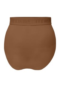 Braune hochtaillierte Unterwäsche mit einem breiten Taillenbund, der mit eingeprägtem Branding versehen ist. Glatte Textur und dehnbare Passform für besten Komfort.