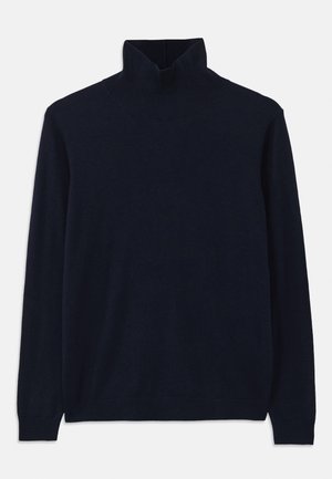 Navy turtleneck sweater with long sleeves, made from soft knit fabric. Features ribbed collar and cuffs, with a simple design and no patterns.