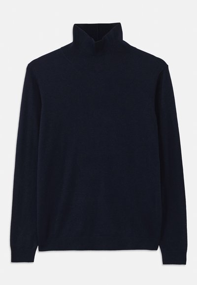 Navy turtleneck sweater with long sleeves, made from soft knit fabric. Features ribbed collar and cuffs, with a simple design and no patterns.