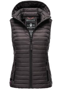 Dark gray padded vest with a hood, featuring a front zipper, side pockets, and a quilted design. Inner label visible at the neck.