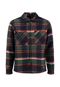 Camicia in flanella a quadri con colori blu scuro, verde e rosso, con chiusura a bottoni e due tasche sul petto. Tessuto morbido, maniche lunghe.