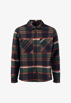 Camisa de franela a cuadros en colores azul marino oscuro, verde y rojo, con botonadura frontal y dos bolsillos en el pecho. Textura suave, mangas largas.