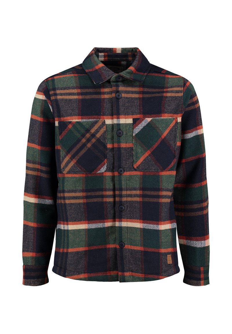 Camicia in flanella a quadri con colori blu scuro, verde e rosso, con chiusura a bottoni e due tasche sul petto. Tessuto morbido, maniche lunghe.