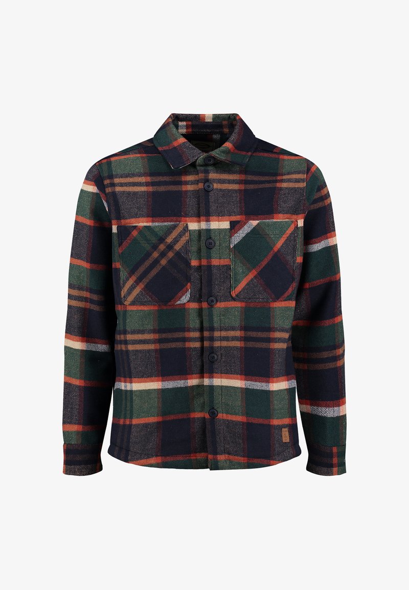 Camicia in flanella a quadri con colori blu scuro, verde e rosso, con chiusura a bottoni e due tasche sul petto. Tessuto morbido, maniche lunghe.