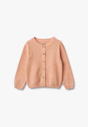 Rosa stickad cardigan med en texturerad mönstring, rund halsringning och knappstängning, med ribbade ärmslut och nederkant.