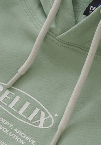 Lichtgroene hoodie met witte opdruk, voorzien van een trekkoord met gestructureerde uiteinden. Gladde stofstructuur, ronde halslijn en logo-detail.
