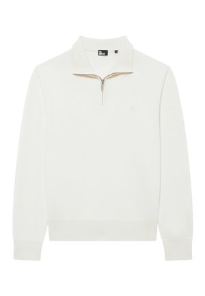 Maglione bianco con zip a un quarto, polsini e orlo a costine, texture morbida e sottile dettaglio del logo sul petto.