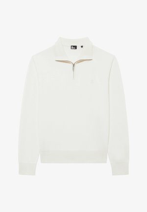 Maglione bianco con zip a un quarto, polsini e orlo a costine, texture morbida e sottile dettaglio del logo sul petto.