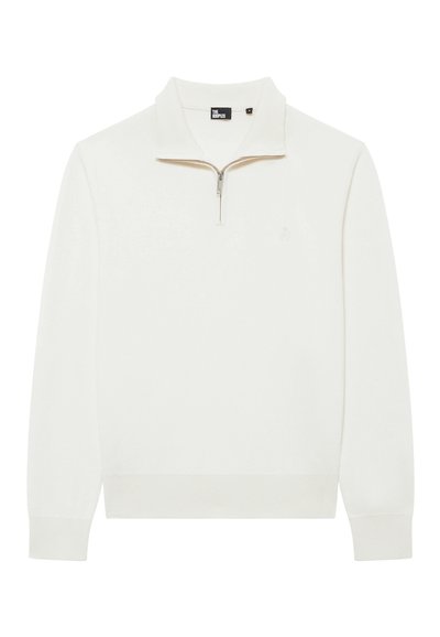Weißer Pullover mit einer Viertel-Reißverschluss-Kragen, gerippten Bündchen und Saum, weicher Textur und dezentem Logo-Detail auf der Brust.