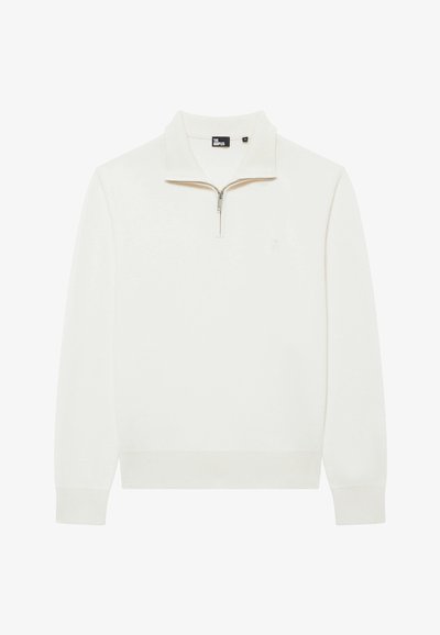 Weißer Pullover mit einer Viertel-Reißverschluss-Kragen, gerippten Bündchen und Saum, weicher Textur und dezentem Logo-Detail auf der Brust.