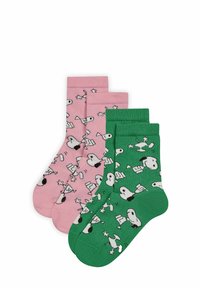 Drei Paar Baumwollsocken; pink mit schwarz-weißen Cartoon-Hundemotiven, grün mit ähnlichem Design; mittelhohe Länge, gerippte Bündchen.