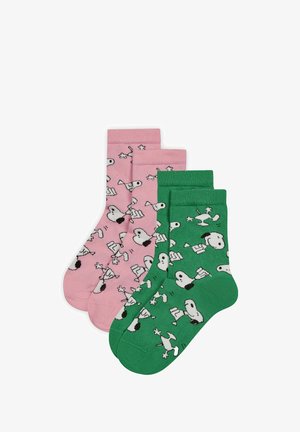 Three pairs of cotton socks; pink with black and white cartoon dog print, green with similar design; mid-calf length, ribbed cuffs.