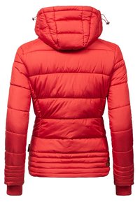 Red puffer jacket featuring a hood, horizontal quilted design, ribbed cuffs, and a slightly tapered waist for a fitted look.