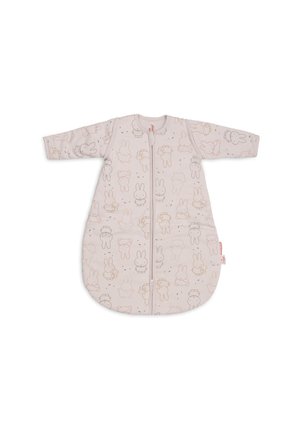 Gigoteuse rose pour bébé avec manches longues, fermeture éclair devant et motif lapin cartoon marron clair imprimé partout.