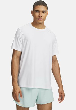 White short-sleeve athletic t-shirt with perforated detailing on shoulders. Pair of light blue shorts with a yellow accent at the hem.