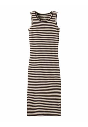 Robe sans manches, longueur genou, avec des rayures horizontales noires et beiges et une texture côtelée, conçue pour une silhouette ajustée.