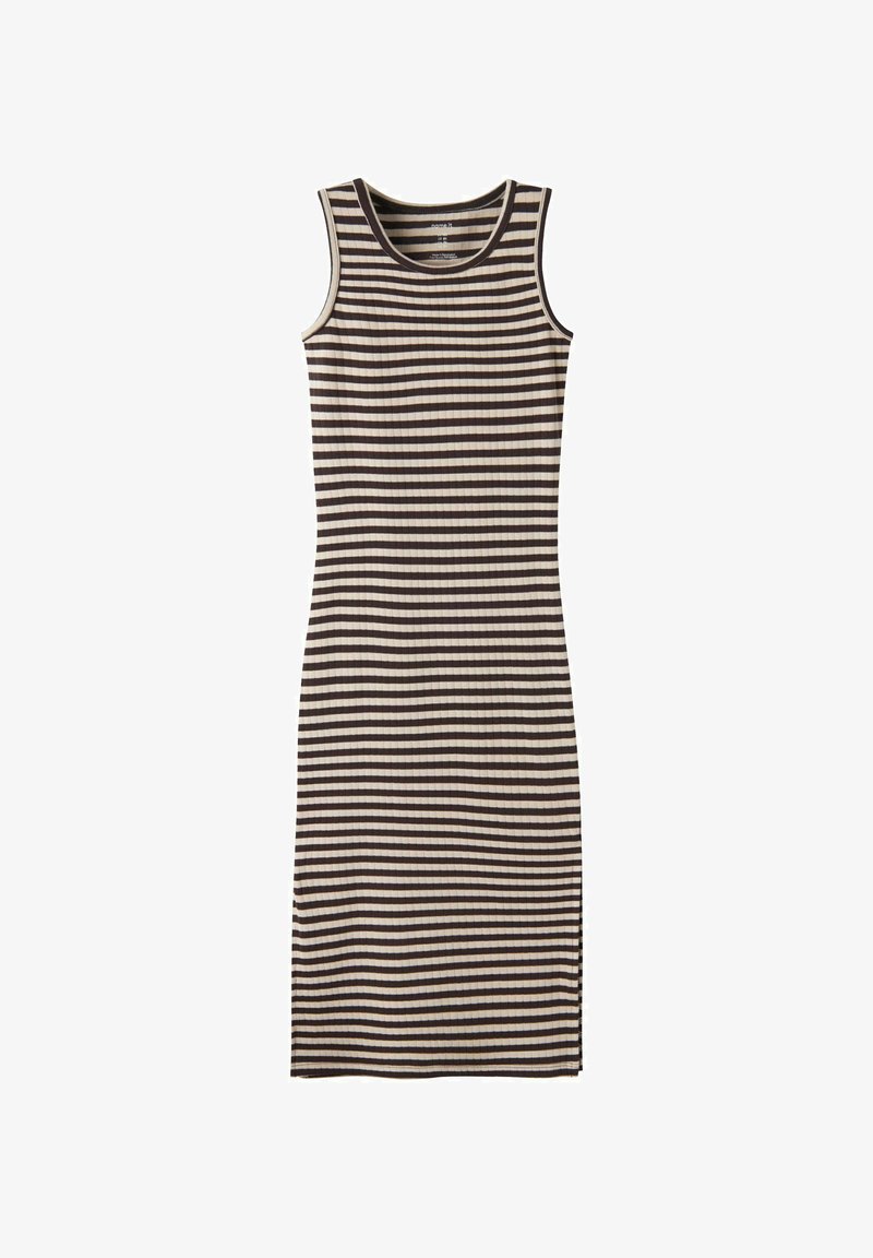 Robe sans manches, longueur genou, avec des rayures horizontales noires et beiges et une texture côtelée, conçue pour une silhouette ajustée.