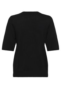 Pulover scurt negru cu mânecă scurtă, cu o textură tricotată simplă. Are un decolteu rotund și o croială lejeră. Nu are modele sau accente vizibile.