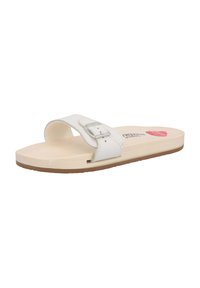 White slide sandal featuring a single strap with a metal buckle, wooden sole, and tan rubber bottom for traction.